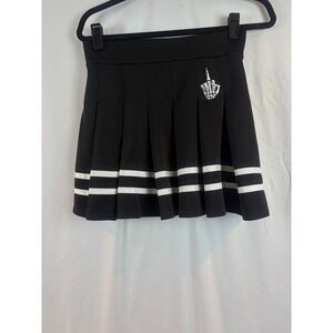 Black Pleated Mini Skirt Skeleton Middle Finger Patch Striped Hem Goth Medium